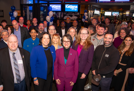 Mayor Katjana at her kickoff event with crowd of supporters
